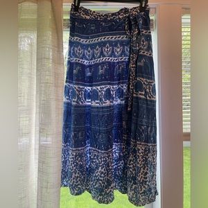 Blue and white flowy A-line wrap skirt